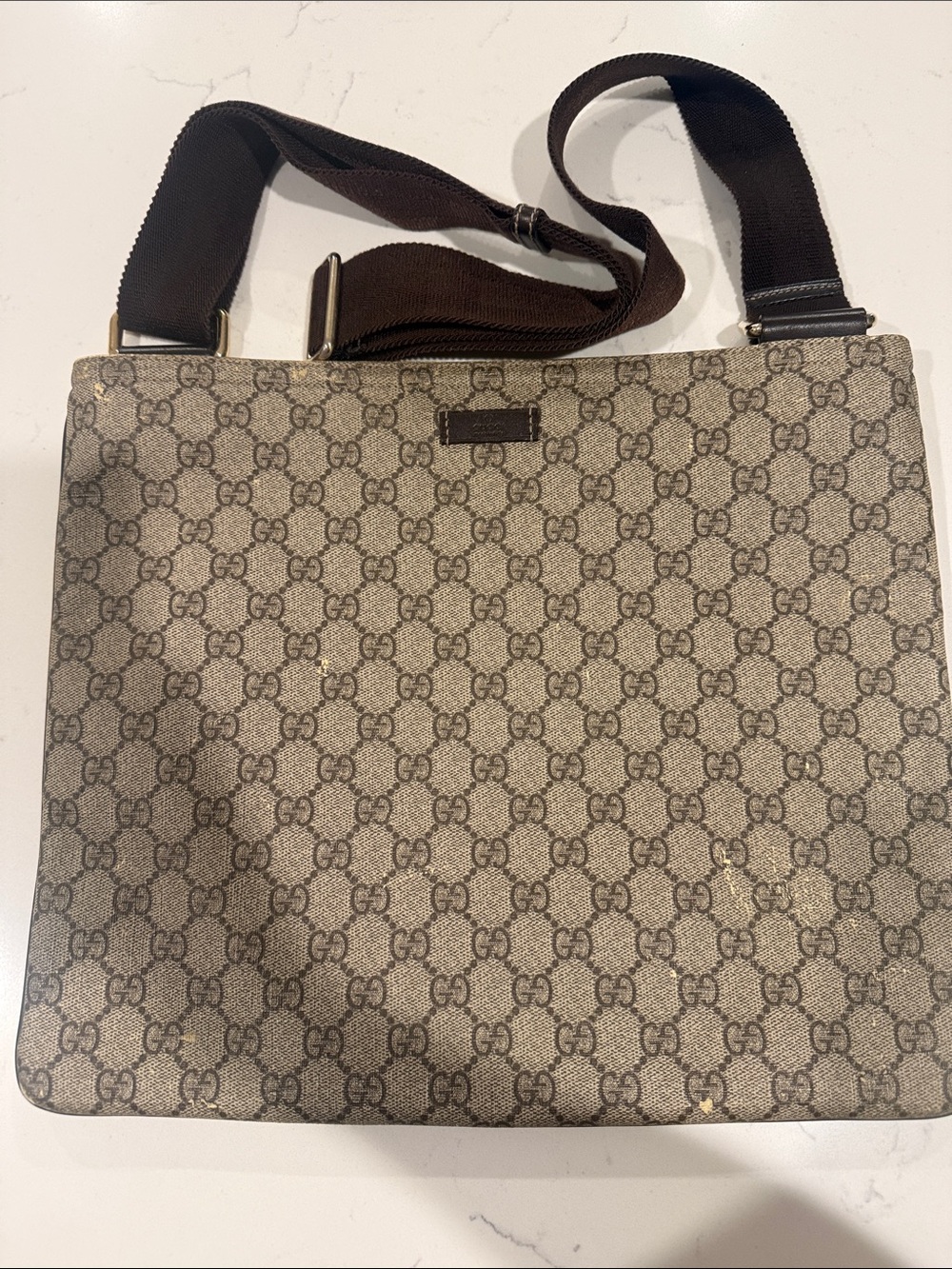 Gucci Beige Brown GG Monogram Canvas Messenger Bag